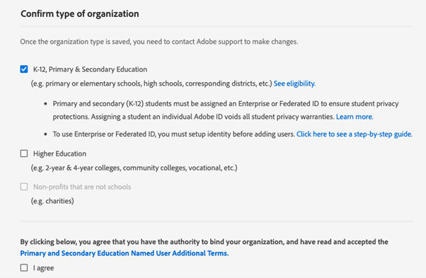 Confirm type of organization