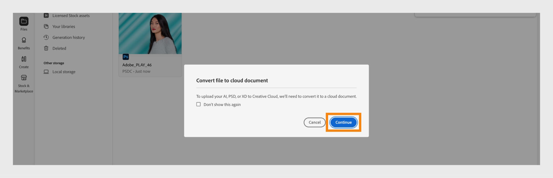 The Convert file to cloud document dialog box provides the option to continue with the file upload. 