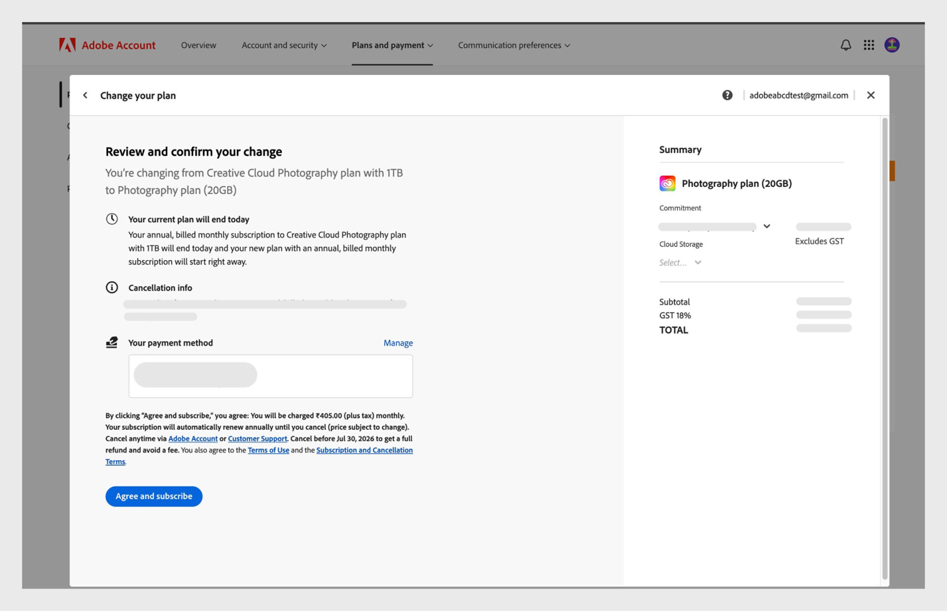 The Review and confirm your change window, displaying the highlighted Commitment dropdown menu, located under Summary.