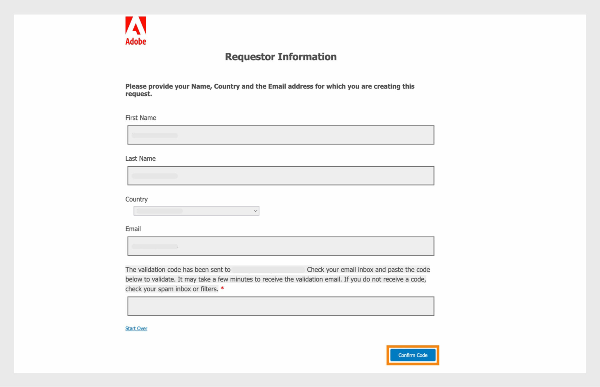 The Requestor Information form displays fields where requestors can enter their contact information and validate their email.