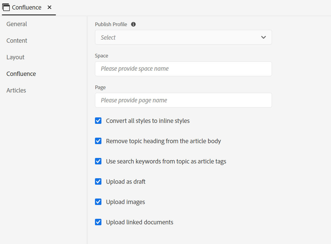 Confluence output settings