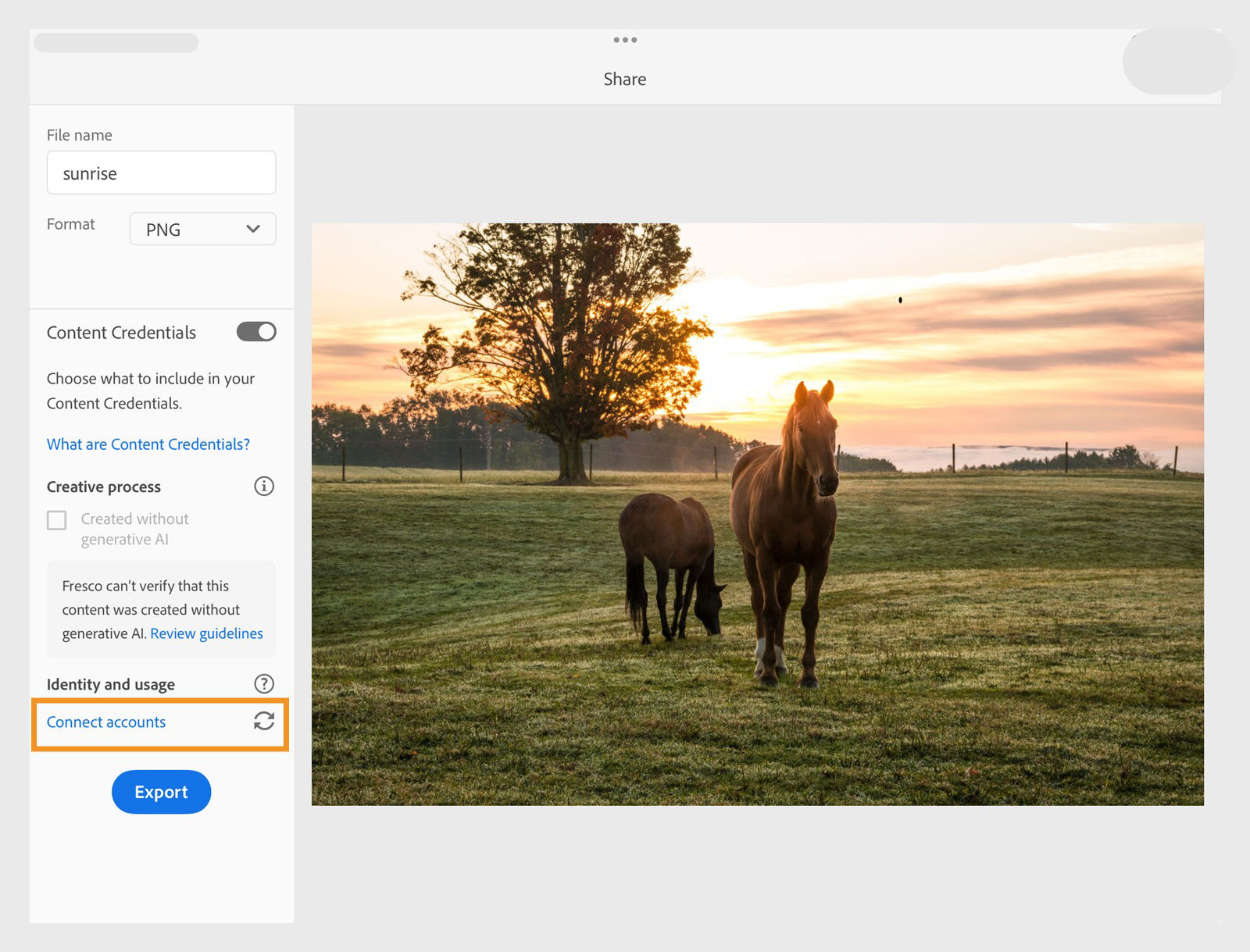  Share screen showing file name, image format, Content Credentials toggle, Created without generative AI option, artwork preview, and highlighted Connect accounts option.