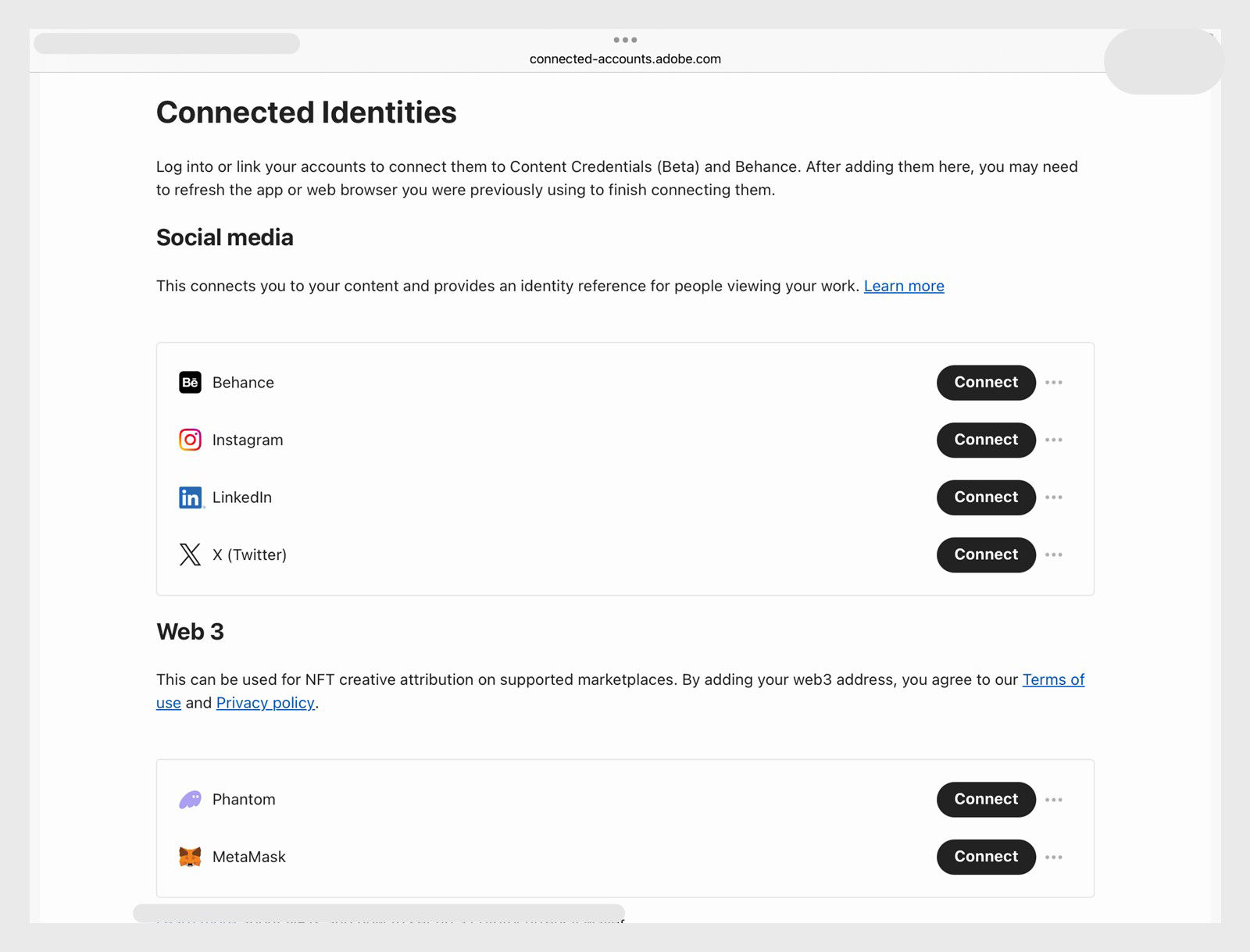 Connected Identities page showing options to connect social media accounts to your Content Credentials.
