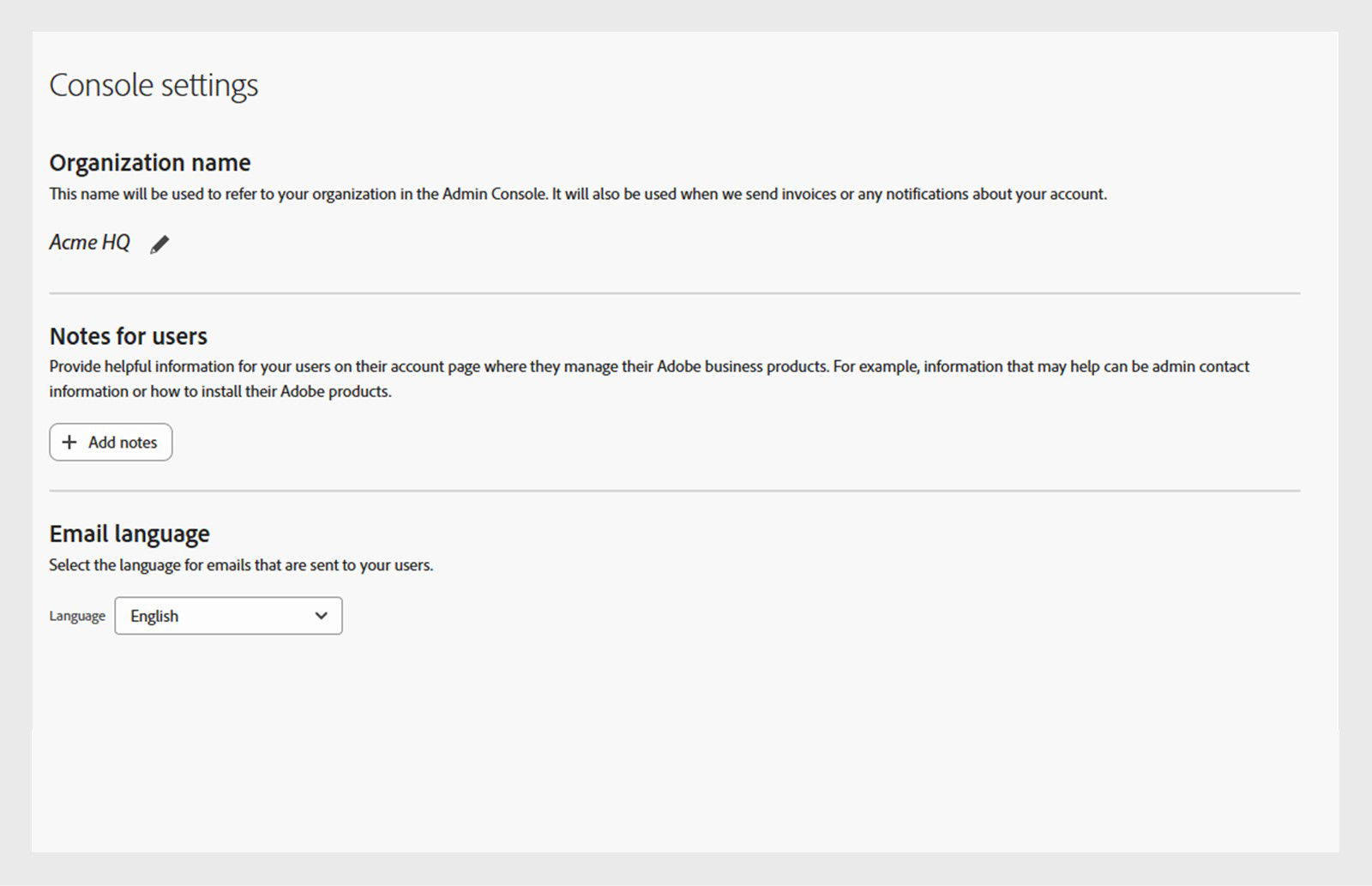 Console settings page with the Add notes button under the Notes for users section