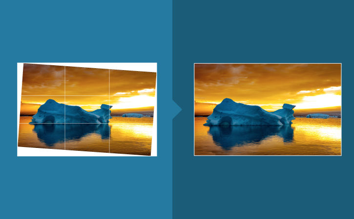 Iceberg at sunset before and after straightening using the Crop tool with Content-Aware option