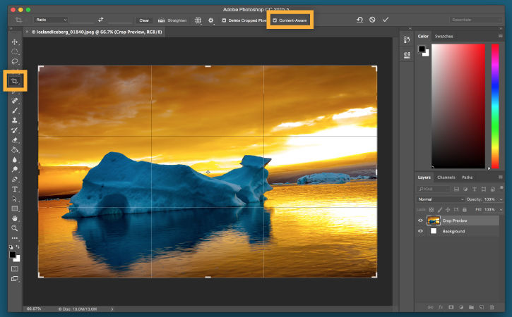 Content-Aware option in Crop tool is used to straighten iceberg image and fill in blank canvas areas