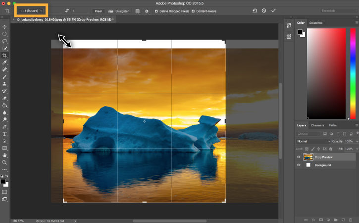 The aspect ratio may be changed using Content-Aware crop option. The iceberg photo has gone from landscape to square 