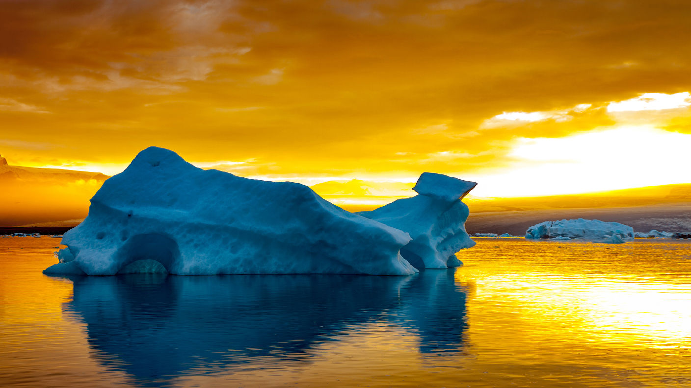 Icebergs and yellow-hued sunset reflecting on the water