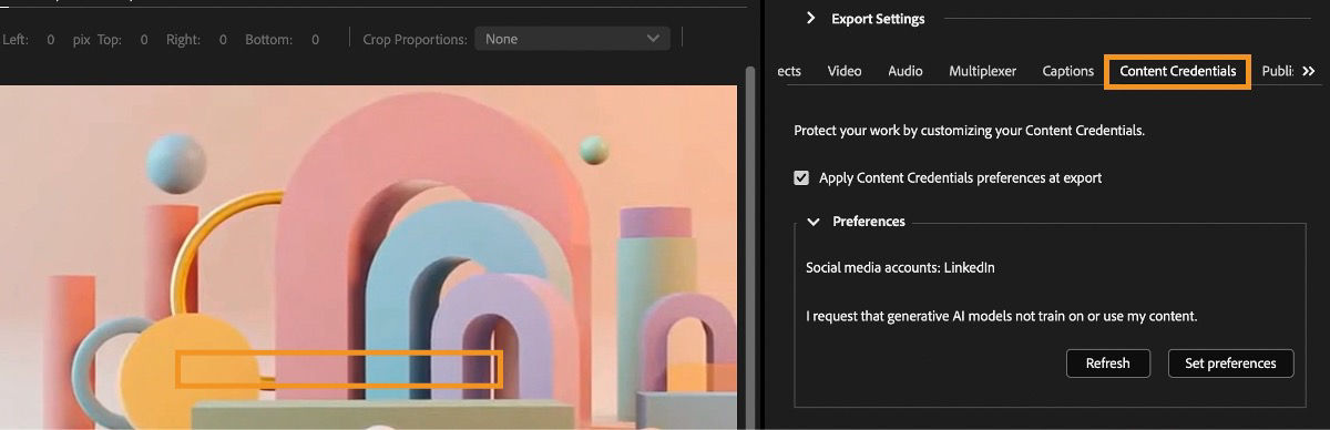 Adobe Media Encoder showing the Content Credentials tab with options to apply preferences at export.