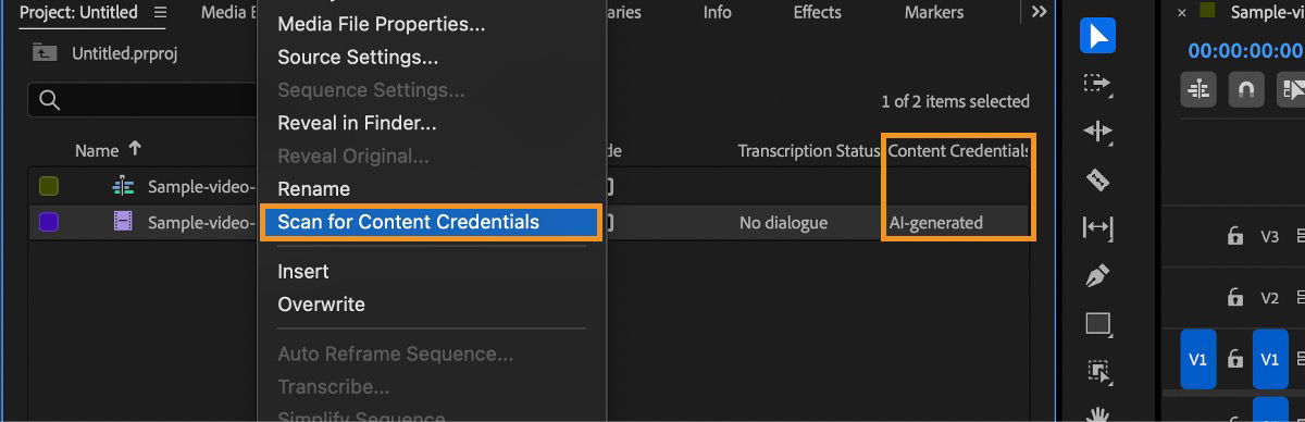 In Premiere, the Scan for Content Credentials is highlighted, and the results are in the Content Credentials column of the Project panel.