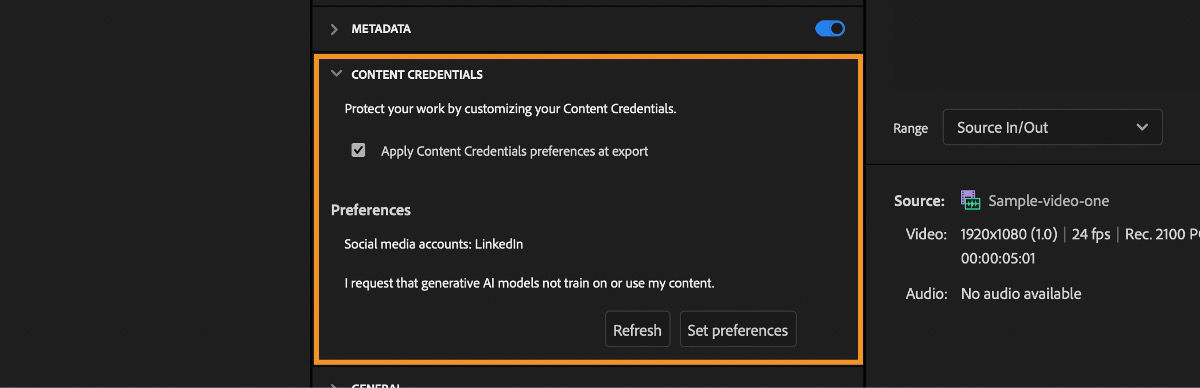 In the Export window, the Content Credentials section is enabled, and the Apply Content Credentials preferences option is checked.