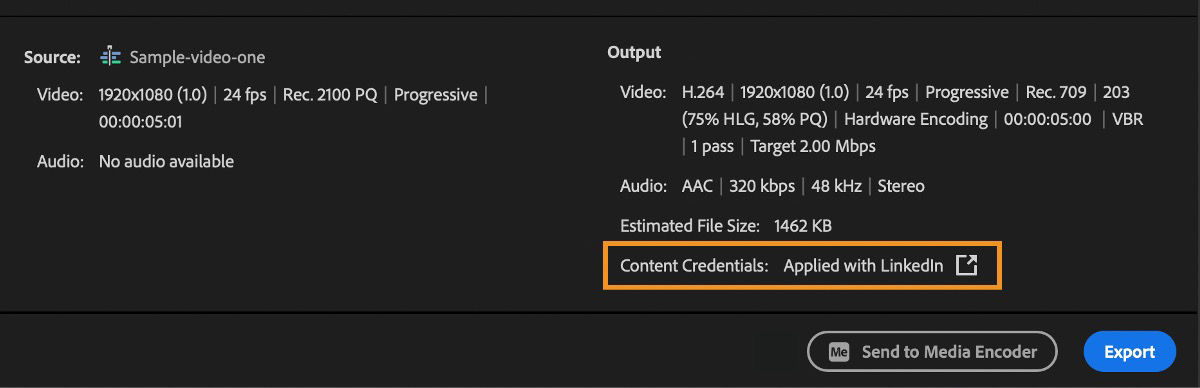 The Content Credentials details under the Output section of the Export window is open and Content Credentials is highlighted.