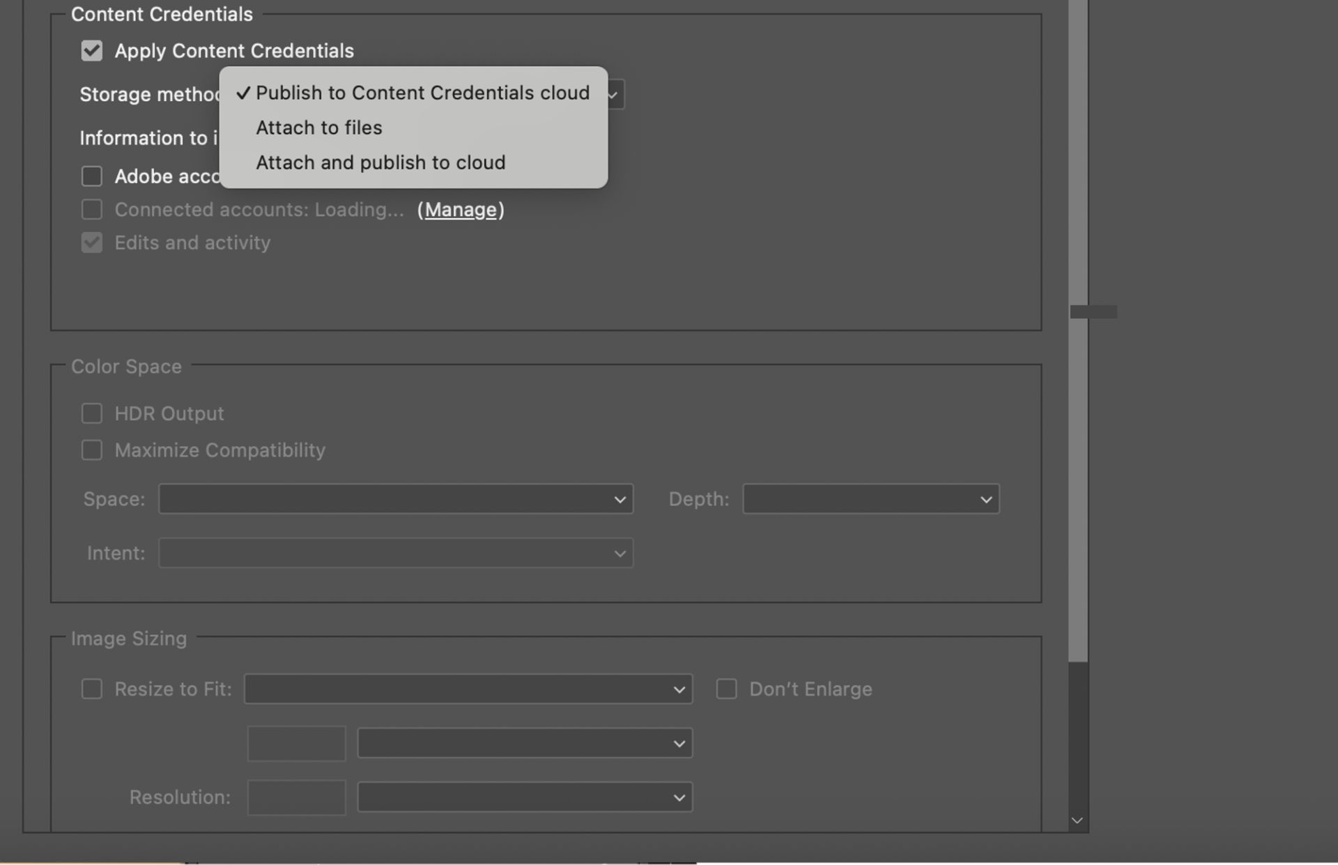 The Content Credentials section of the Export dialog with the Storage method menu expanded, showing options to Publish to Content Credentials cloud, Attach to files, or Attach and publish to cloud.