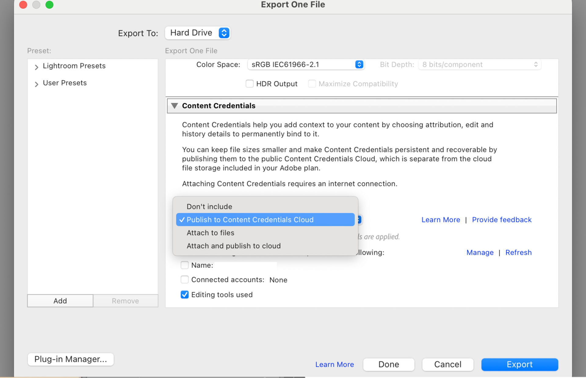 Export Content Credential options