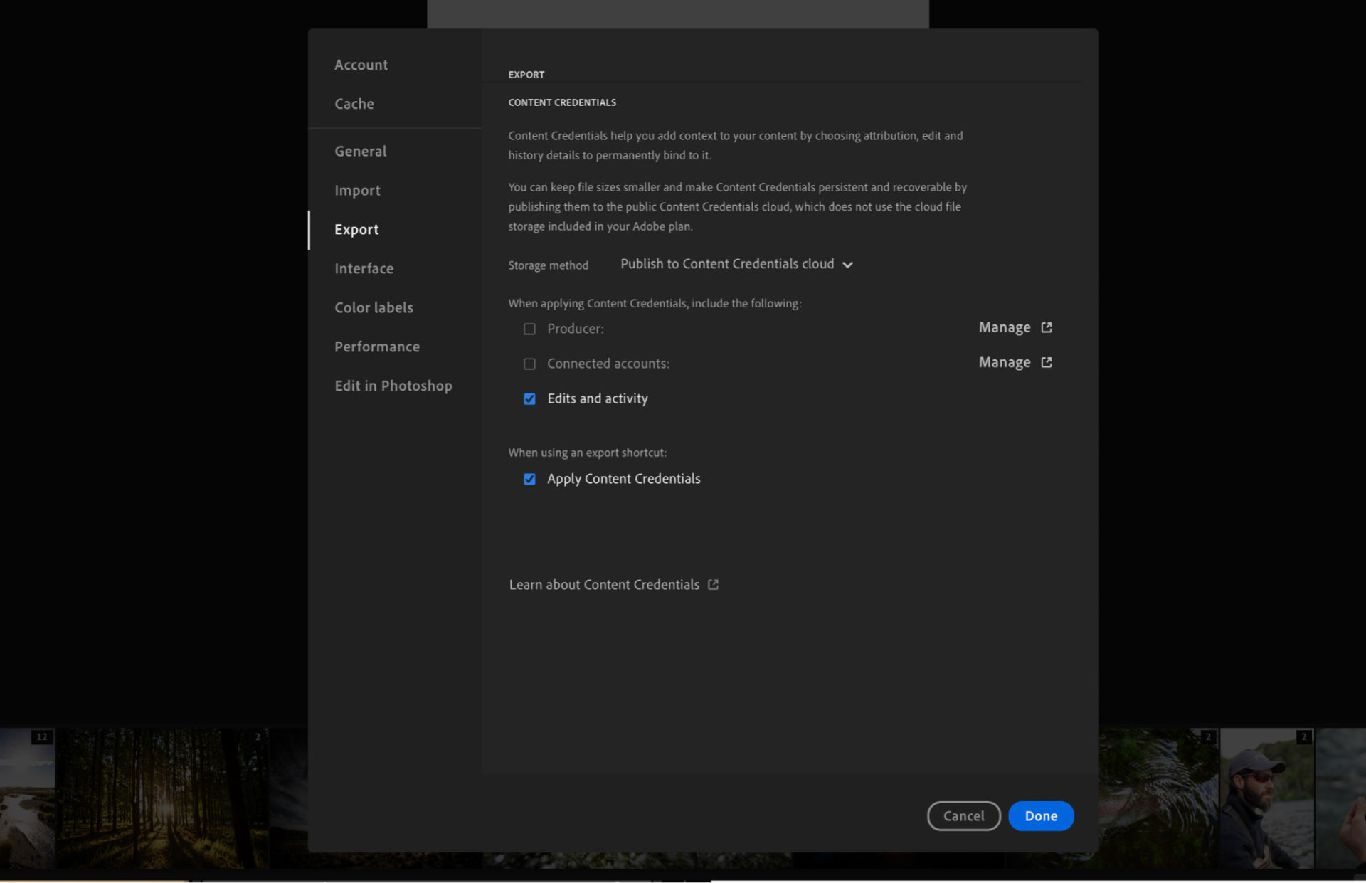 the preferences settings in Lightroom with Export options selected.