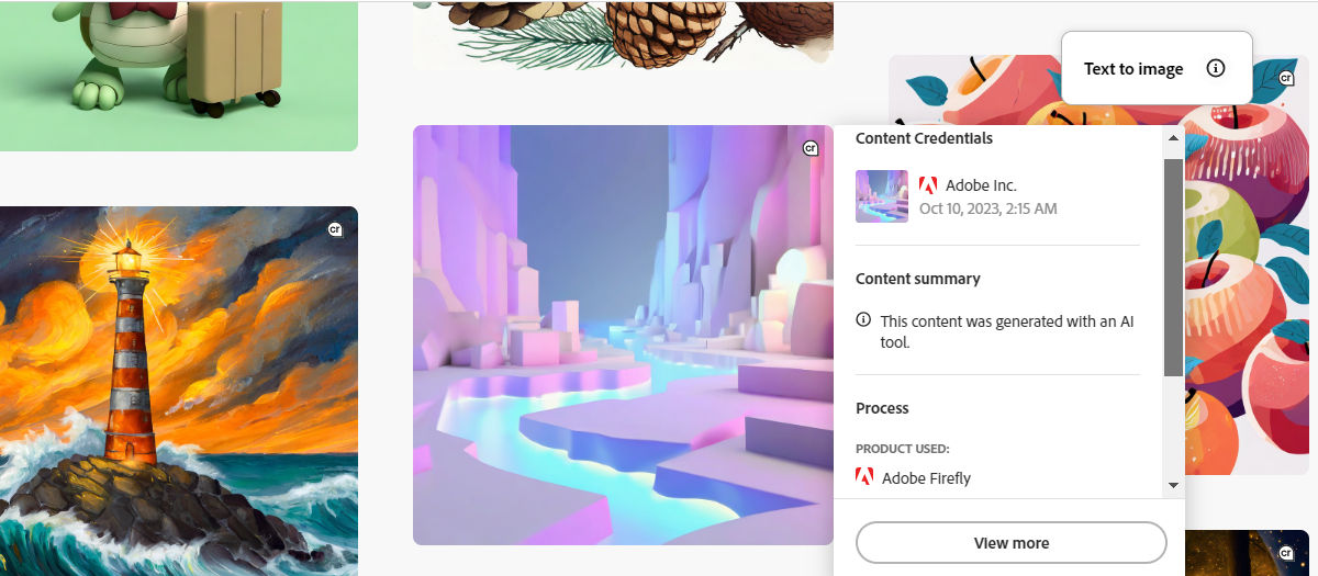 The text to image gallery in Adobe Firefly with the information icon on an image highlighted