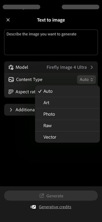 The Content Type section is open, and the Auto, Art, Photo, Raw, and Vector options are displayed. 