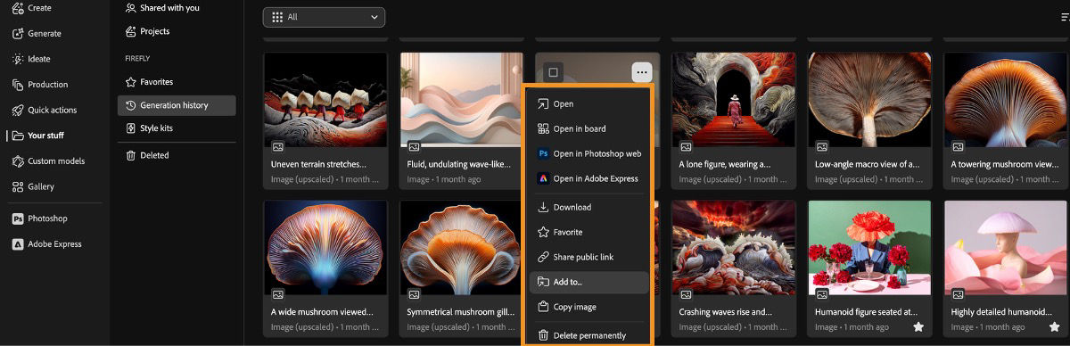 Generation history tab shows a file’s context menu with options to open, open in boards, download, share, or add to.