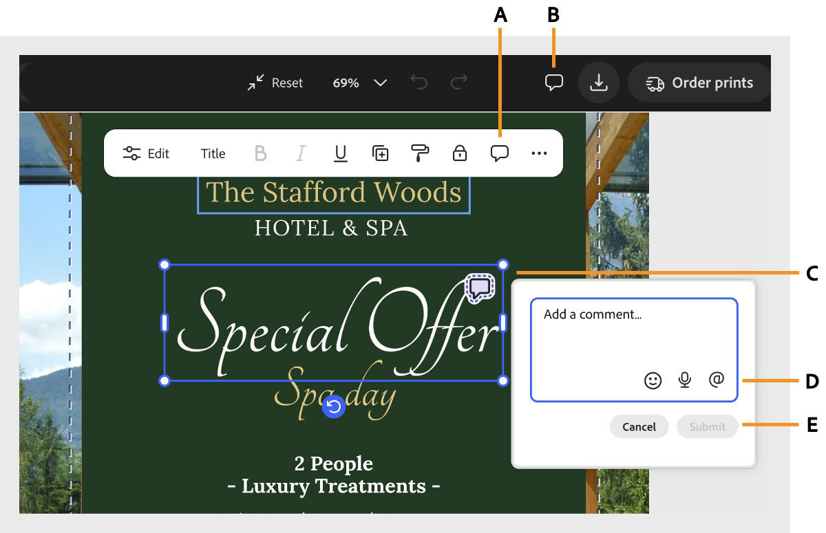 Adobe Express editor showing a design with the Comments icon in teh header and a text element selected with the contextual comments panel open.