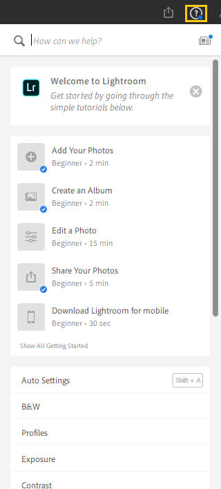 Contextual Help menu in Lightroom