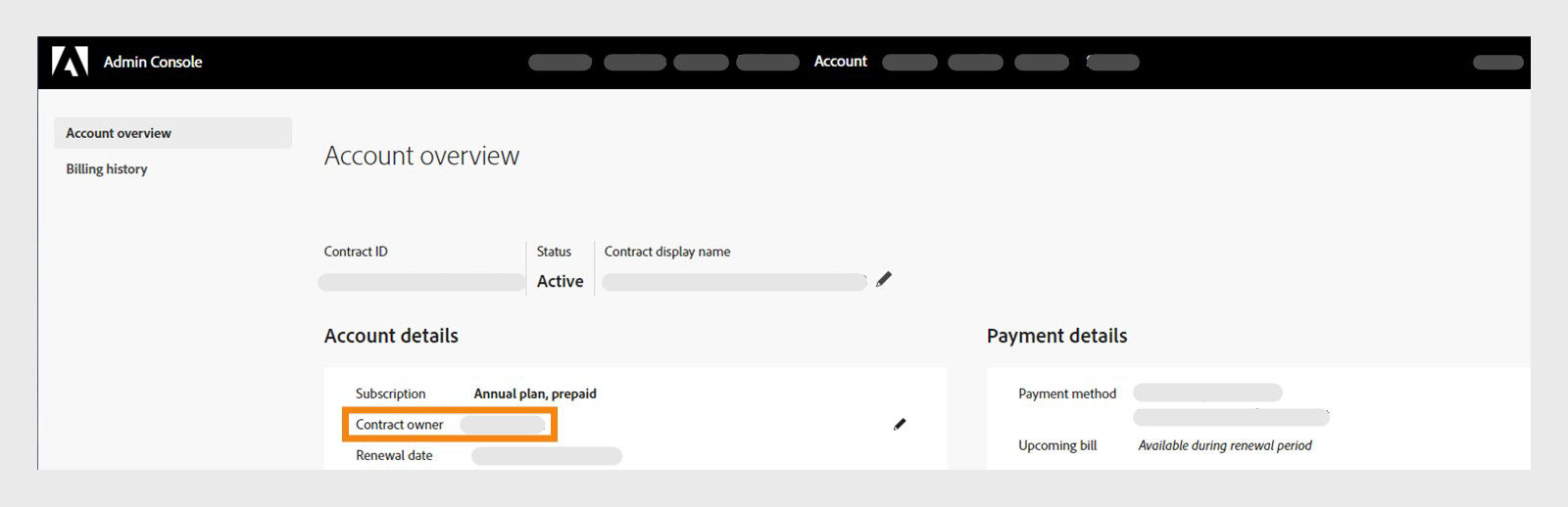 Account page in Admin Console with the contract owner name highlighted.