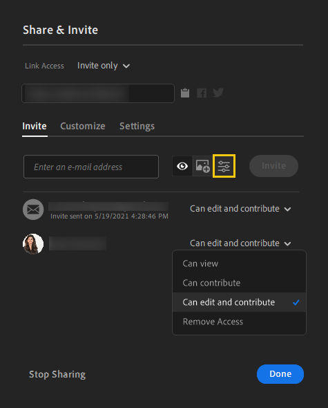 在 Lightroom 中共用和邀請