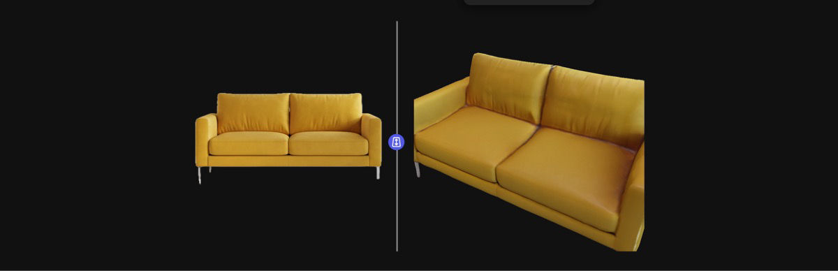 Side-by-side images of a yellow sofa displaying how the zoom tool adjusts the viewing angle and distance in a 3D workspace.