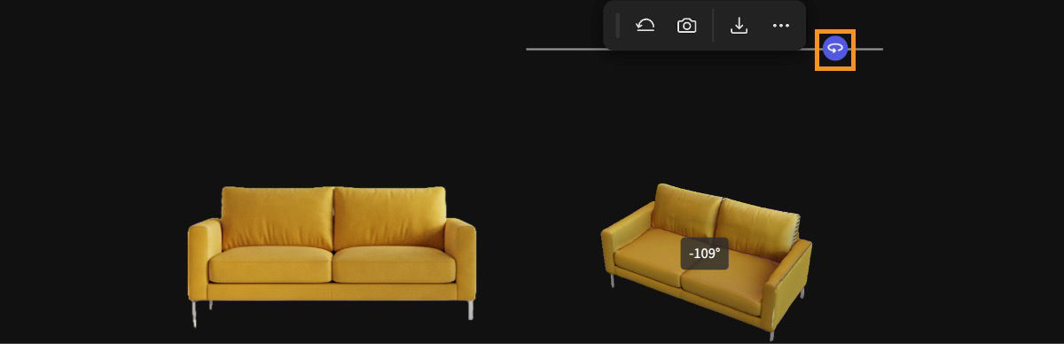 Side-by-side images of a yellow sofa displaying how the orbit tool adjusts the viewing angle and distance in a 3D workspace.