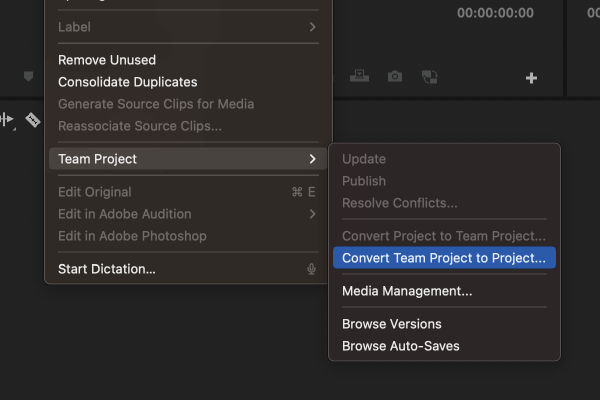 Use the Team Project option under the Edit menu to convert any Premiere Pro project to Team Projects.
