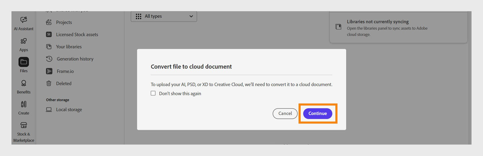 The Convert file to cloud document dialog box provides the option to continue with the file upload. 