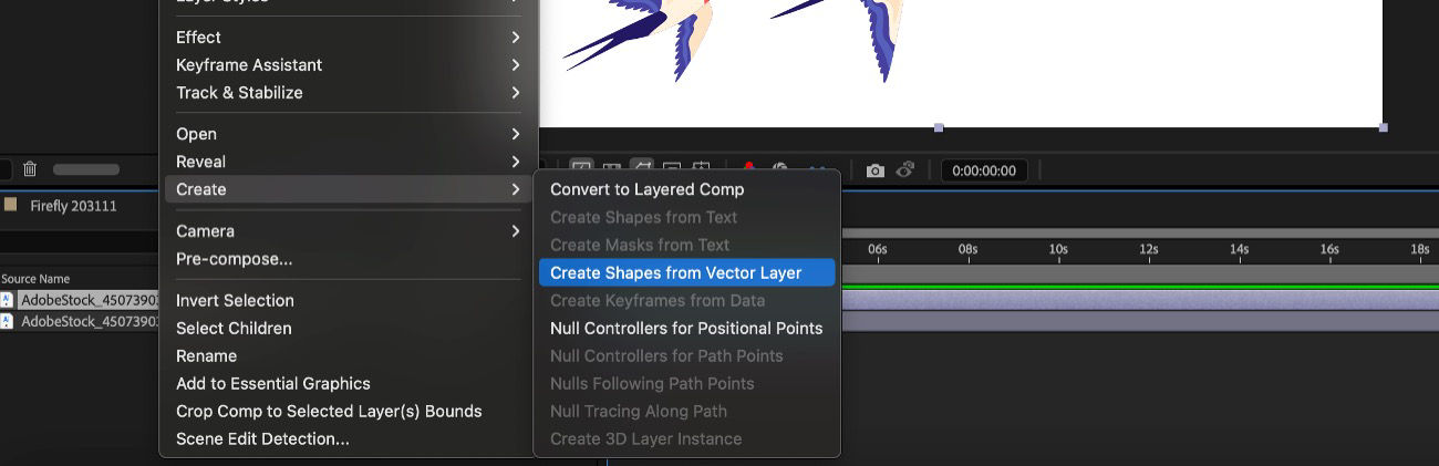 The Layer menu is open, and from the Create menu, the Create Shapes from Vector Layer is selected.