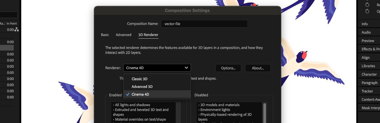 The Composition Settings is open, and in the 3D Renderer tab, the renderer is selected as Cinema 4D. 