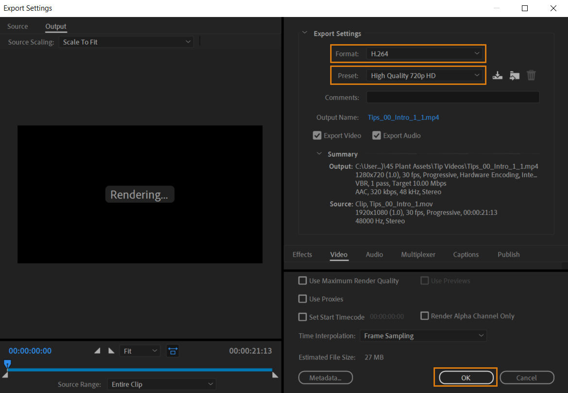 Select the Format as H.264, and trim the video or choose a lower resolution Preset
