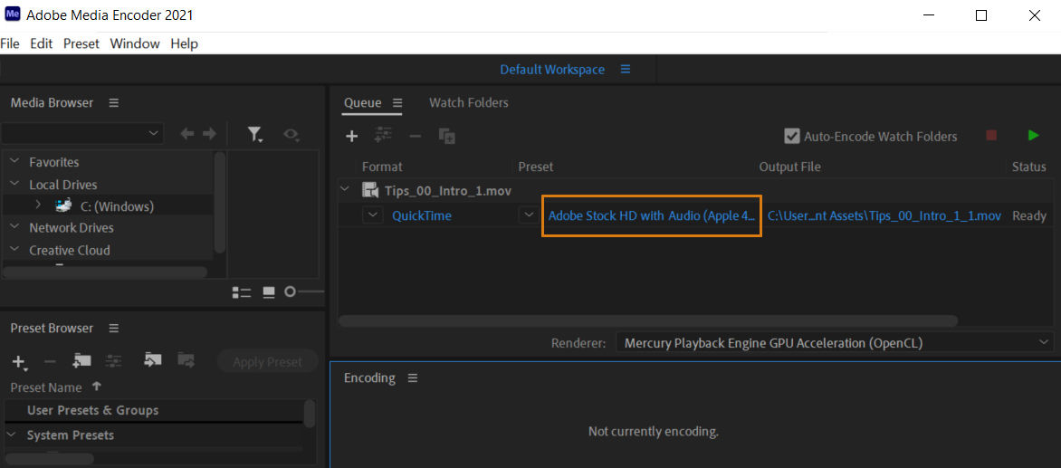 Click the Preset link of the video