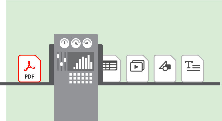 Conceptual graphic of conveyor belt with icons of common file types at one end being processed through a machine coming out as PDF documents at the other end of the conveyor belt.