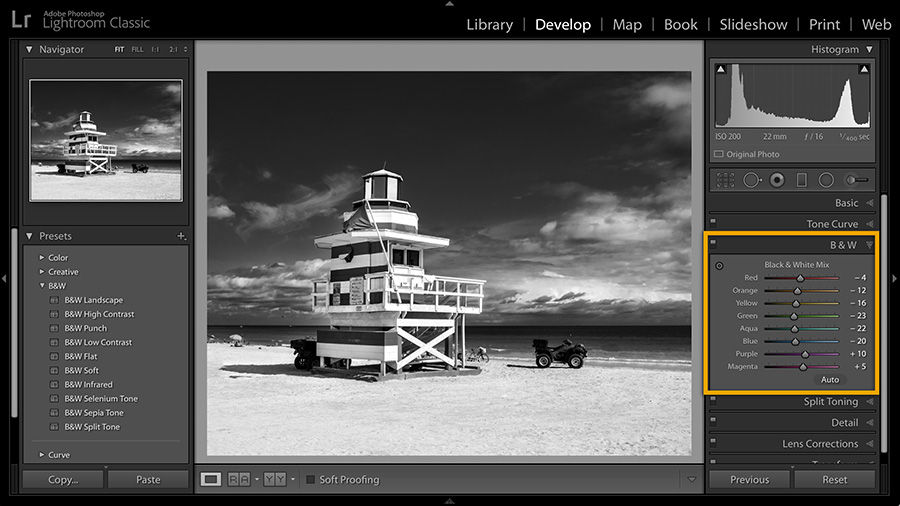 The blues are darked in the Black & White panel, creating a stormy effect in the sky. 