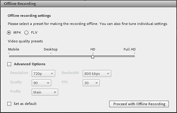 Dialog bog to set conversion options to create an offline recording.