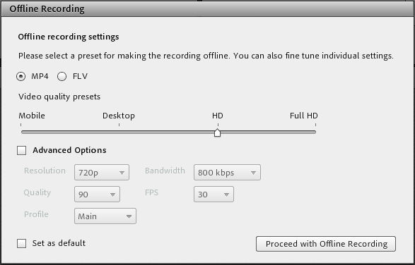 Dialog bog to set conversion options to create an offline recording.