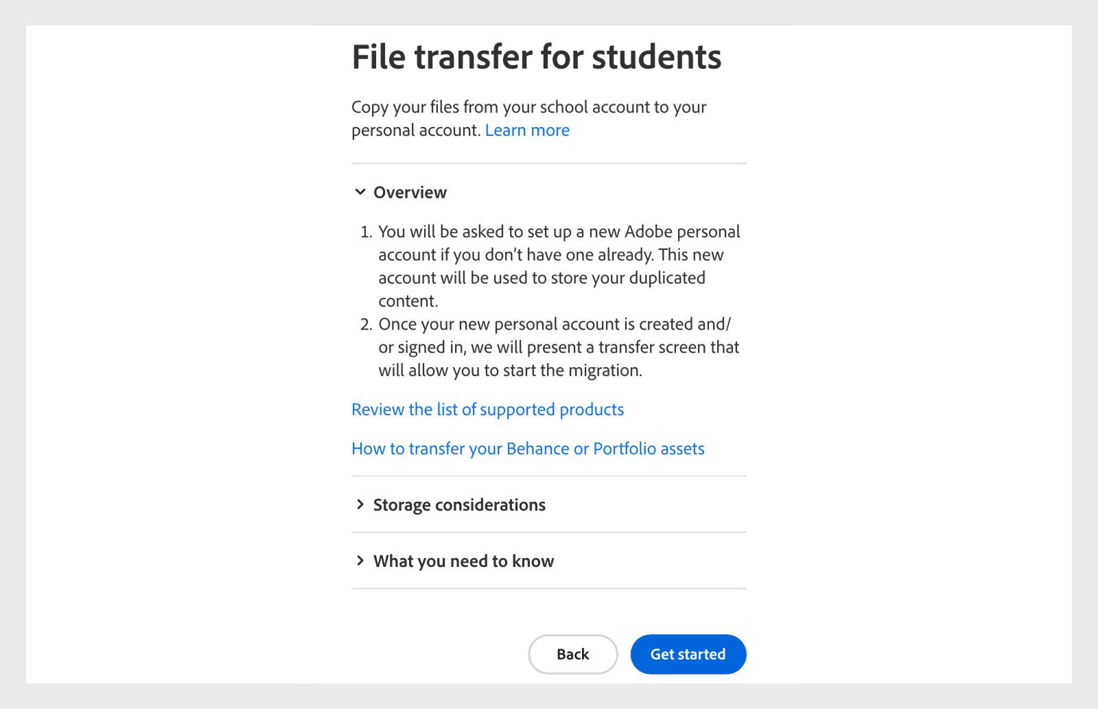 File transfer screen showing overview, storage considerations, and what you need to know about the process.
