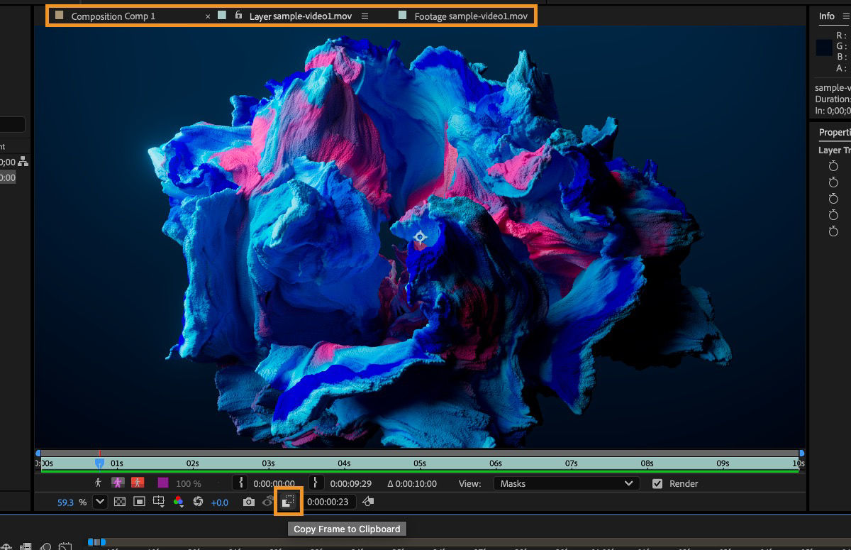 The Composition, Layer, and Footage panels are highlighted, and the Copy Frame to Clipboard option is highlighted.