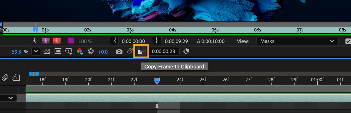 The Current Time Indicator is positioned on the frame, and the Copy Frame to Clipboard option is highlighted.