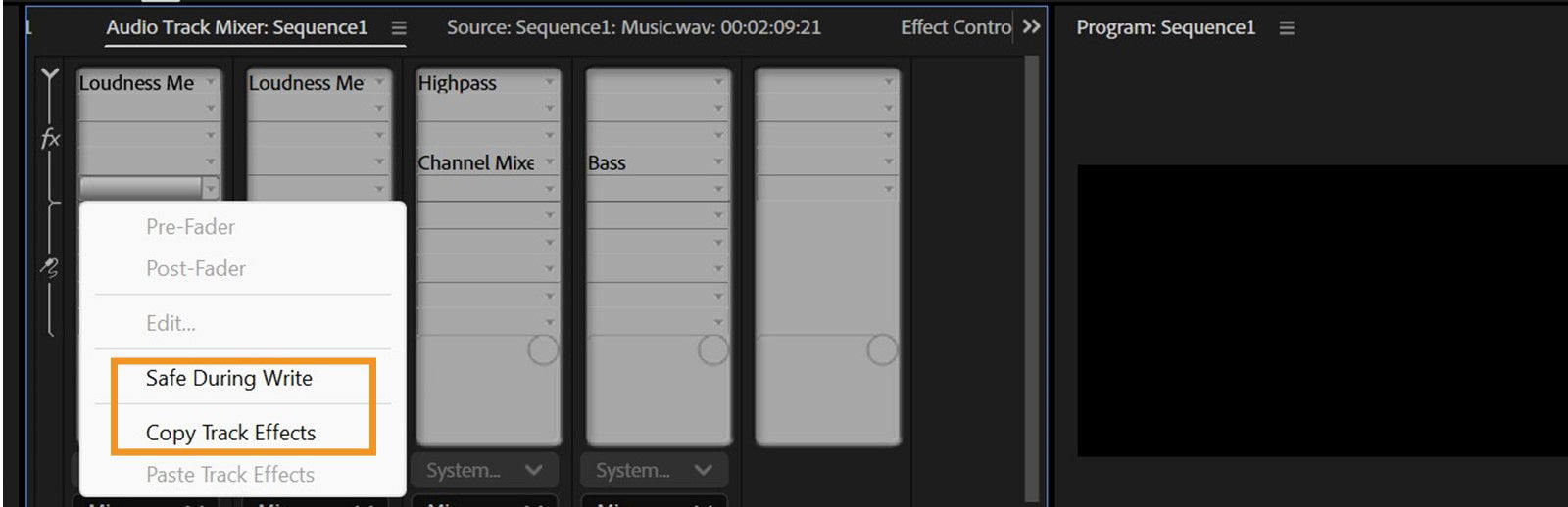 The Audio Track Mixer section is open and Copy Track Effects command is highlighted. 