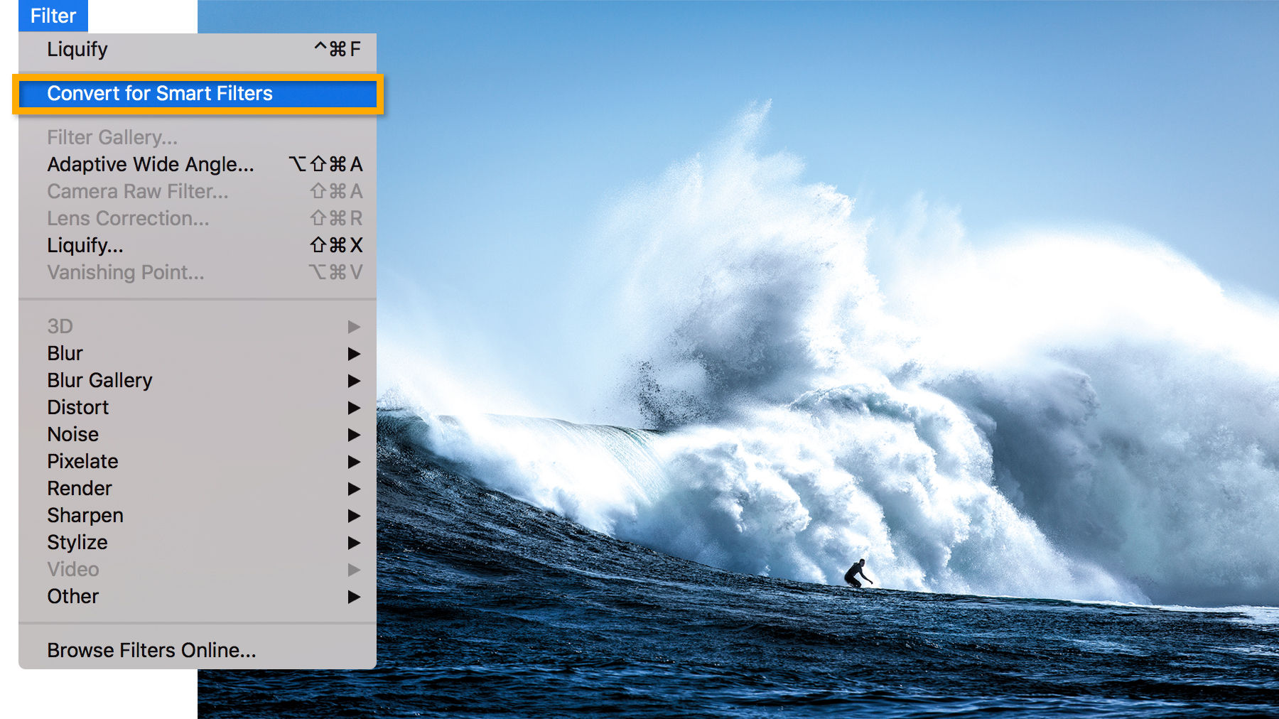 Surfer and wave image is converted for Smart Filters to preserve the original image during the editing process