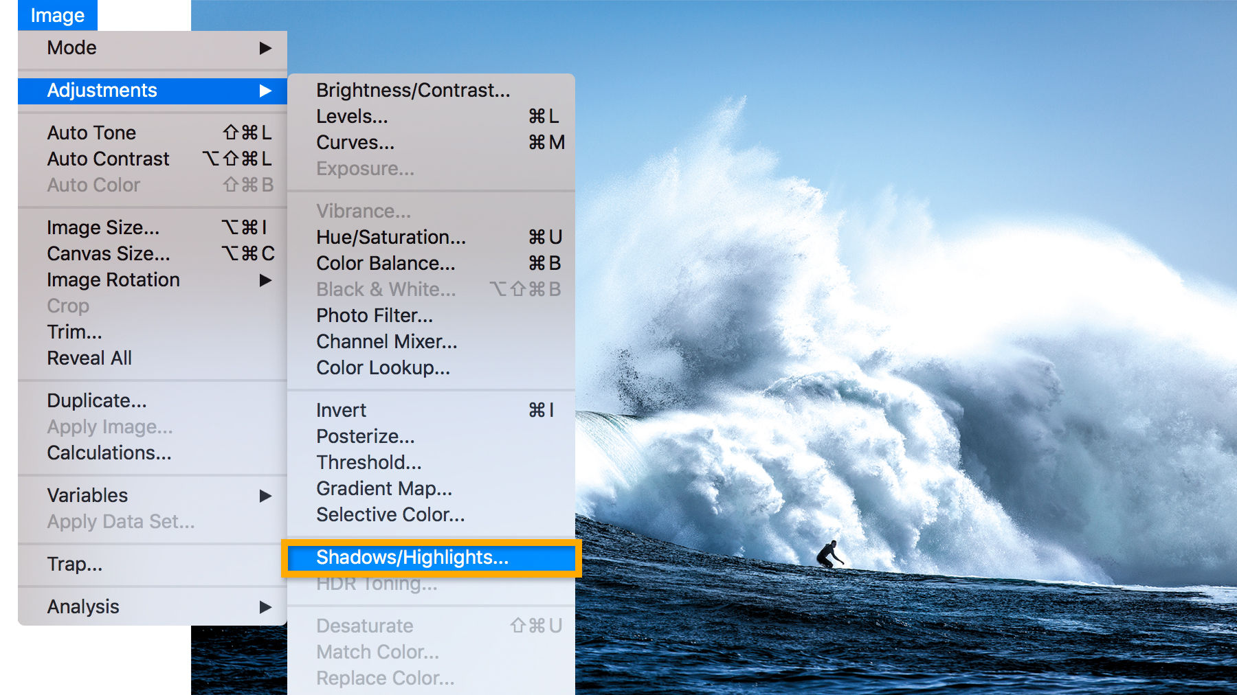 Shadows/Highlights adjustment layer is added to adjust over-or underexposed areas of the surfer and wave image