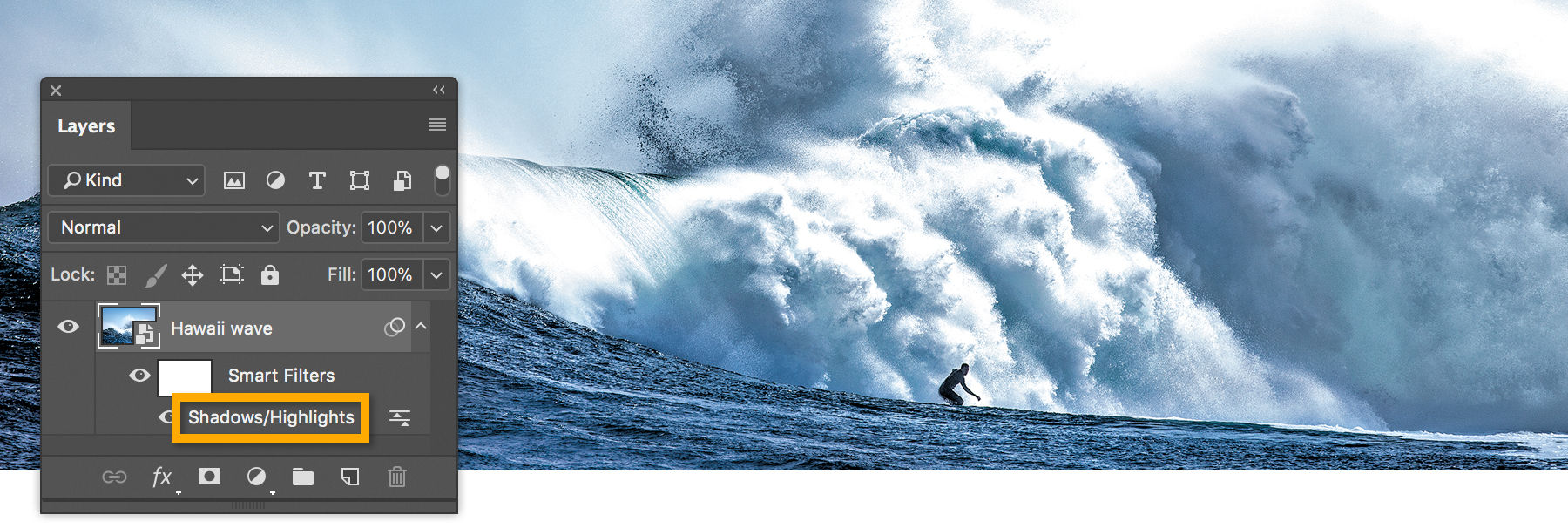 The final image is saved as a PSD or TIFF file. Shadows/Highlights may be adjusted through the Smart Filters in Layers panel