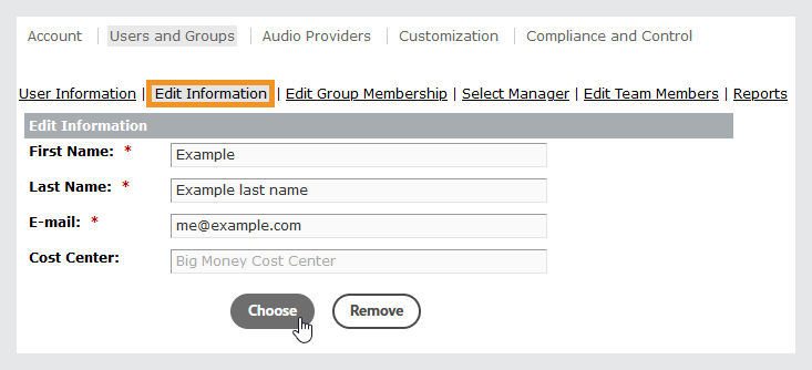 User Edit Information screen used to associate a user with a cost center