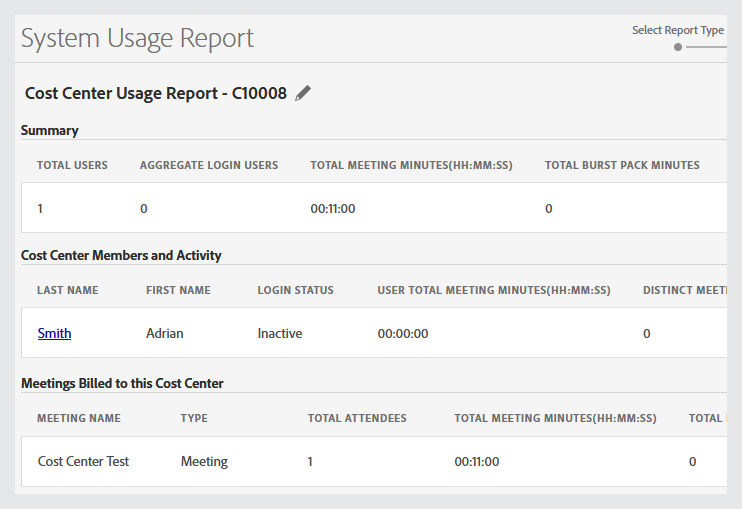 Example cost center report