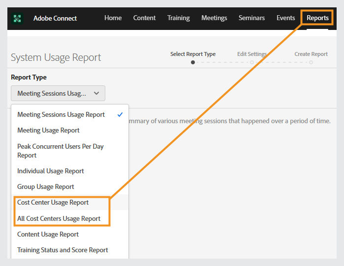 Choosing cost center system usage reports