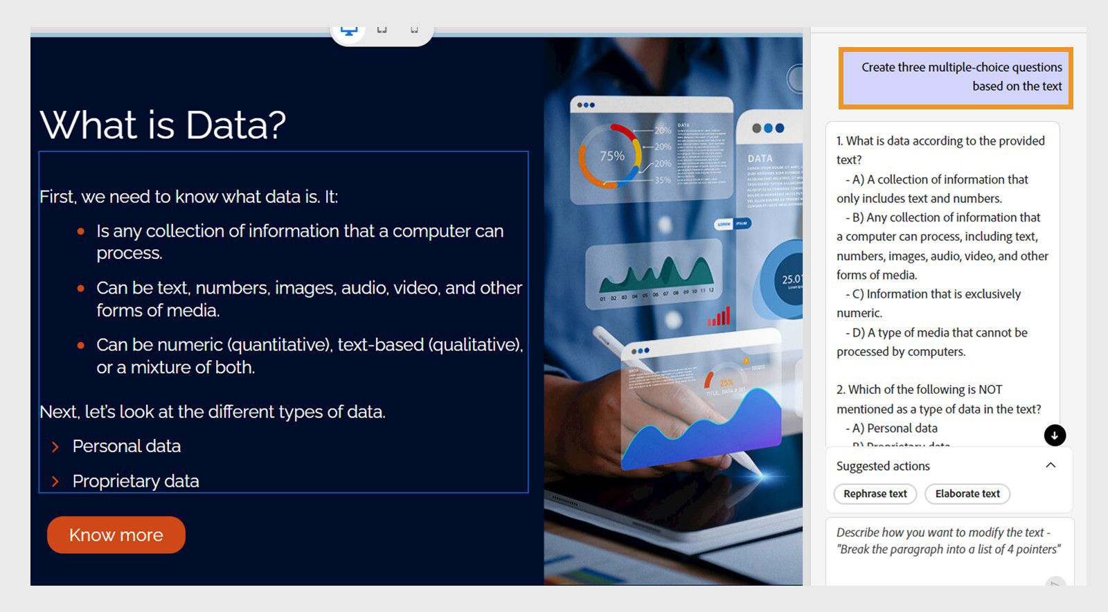 Adobe Captivate Generate text dialog showing a custom prompt to create multiple-choice questions based on slide text about data security.