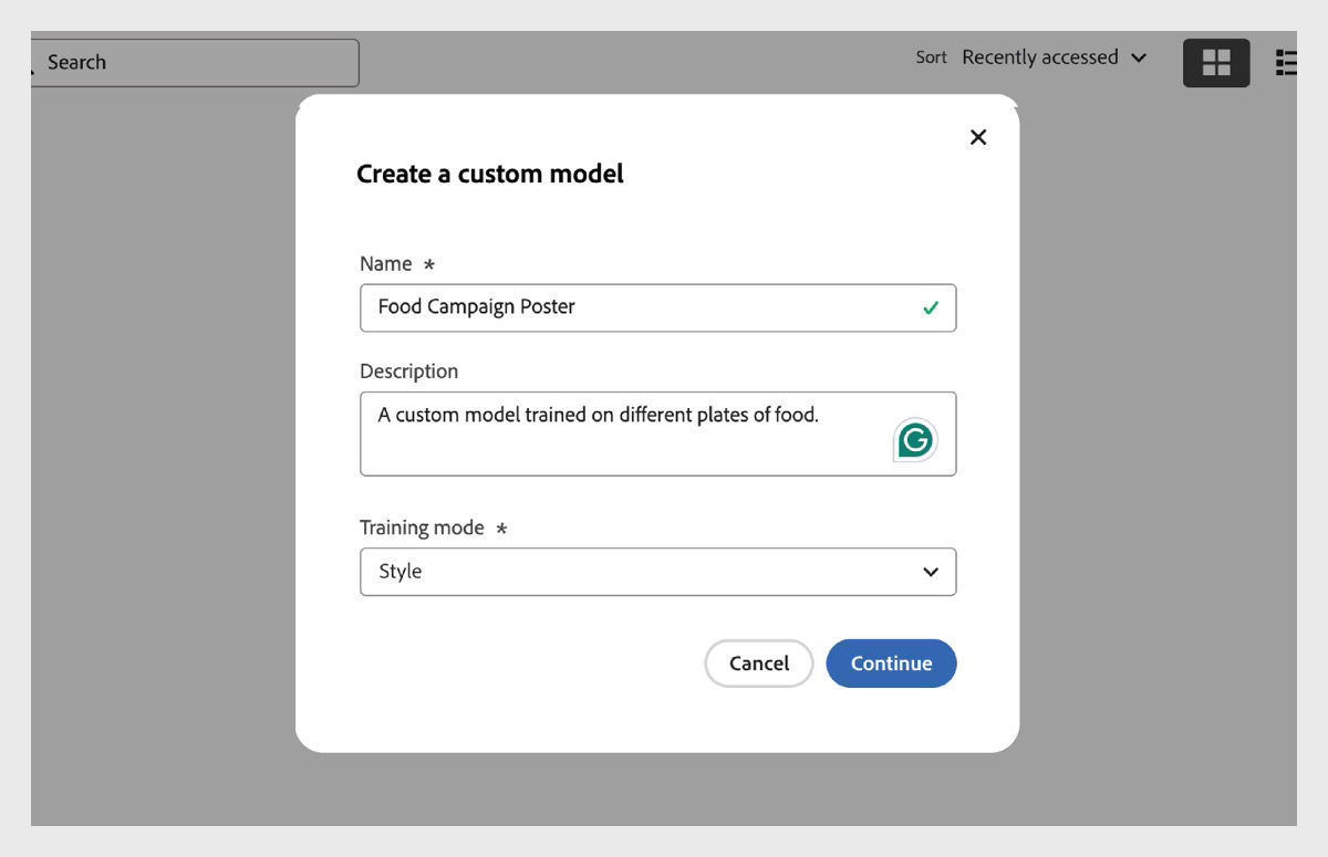 Create a custom model prompt is open and there are different fields like name, description, and training mode. Currently, the Training mode selected is Style.